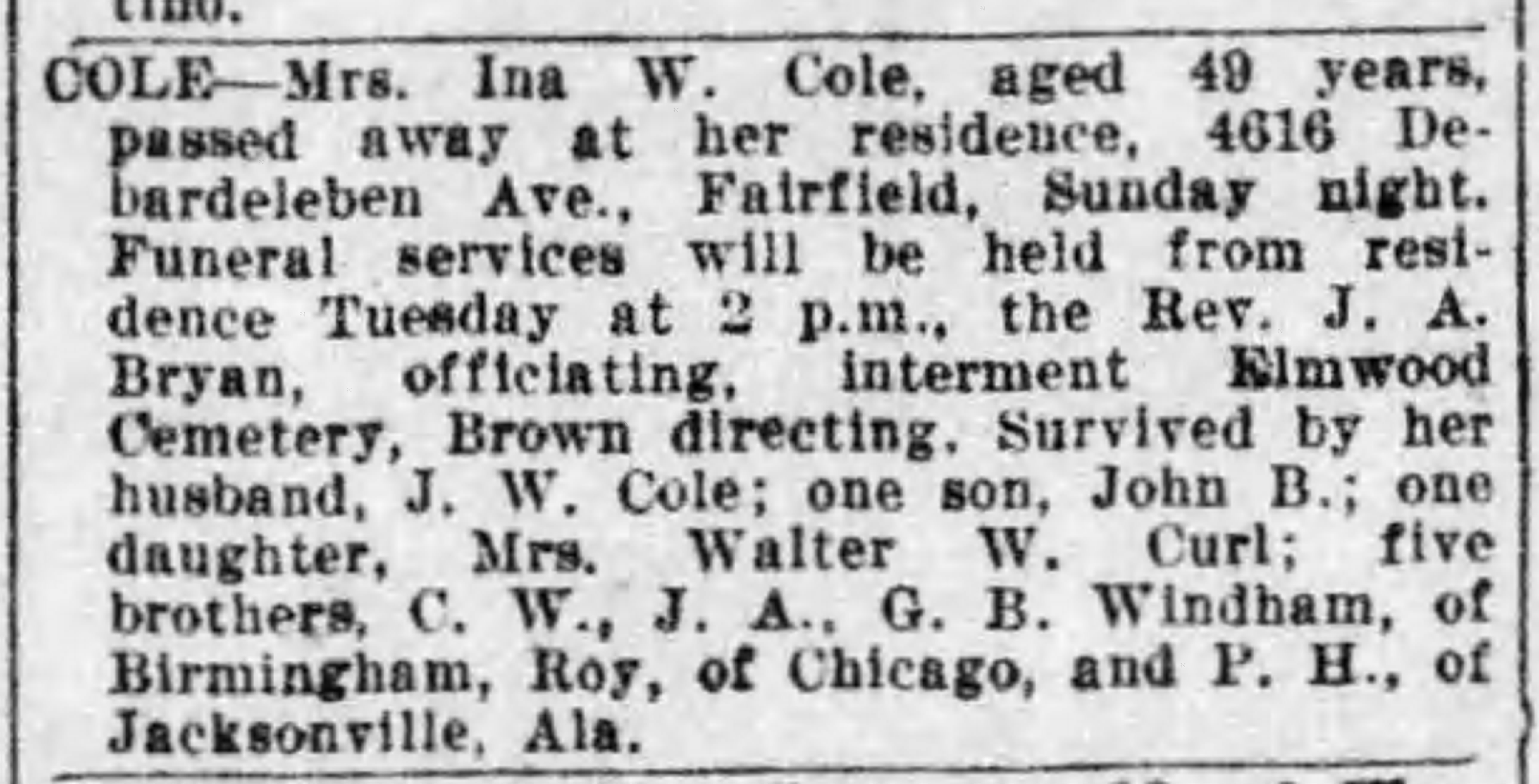 Ina W. Cole obituary